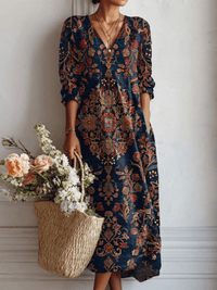Women's Vintage Floral Print Linen Pocket Tunic Dress for Fall