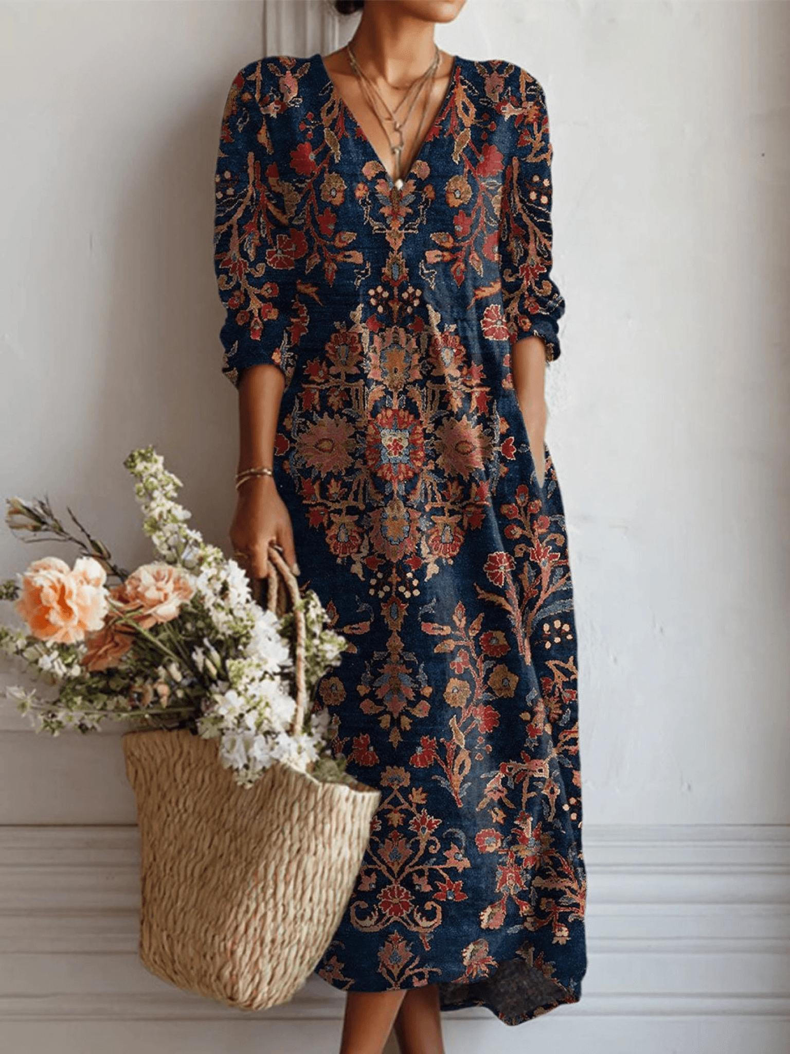 Vintage Floral Print Linen Pocket Tunic Fall Dress for Women