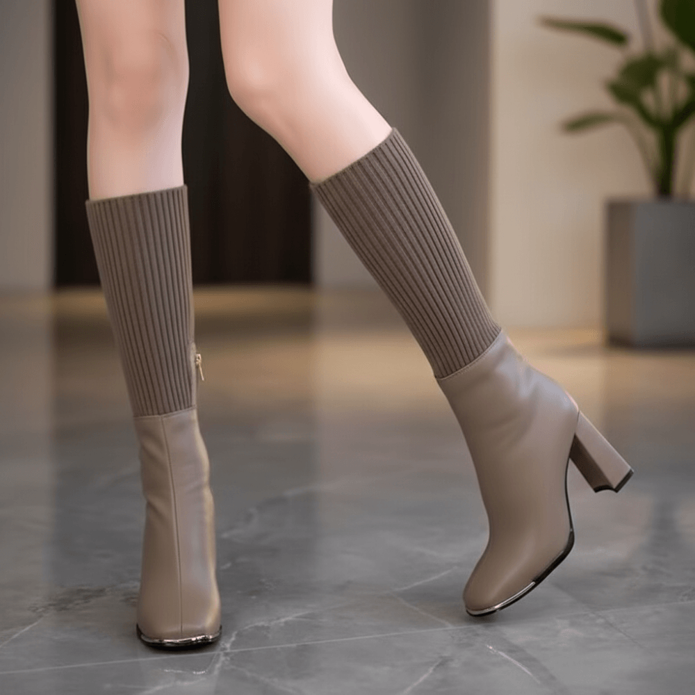 Stretch Knit Block Heel Boots with Side Zipper for Women