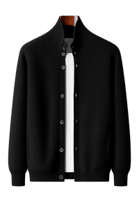 Men's Ribbed Stand-Collar Cardigan in Dense Knit with Button Front and Side Pockets