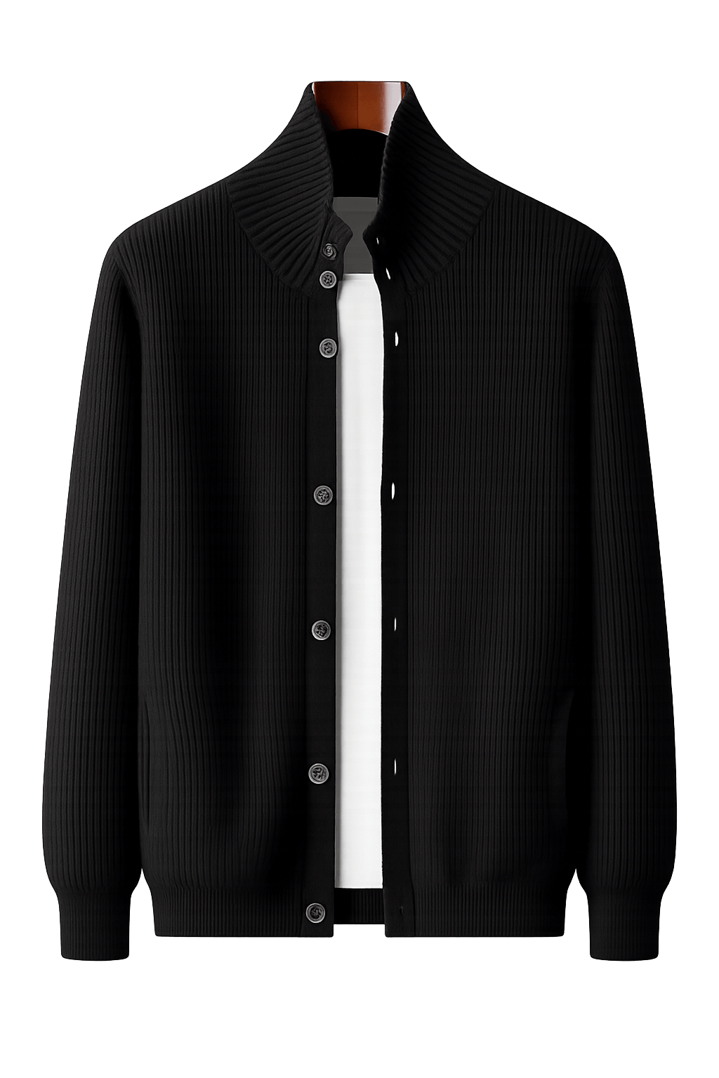 Men's Ribbed Stand-Collar Cardigan in Dense Knit with Button Front and Side Pockets