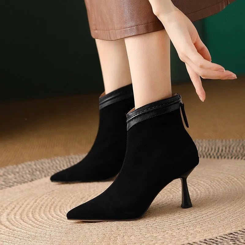 Fang Pointed-Toe Suede Women's Ankle Boots with Sculpted Kitten Heel