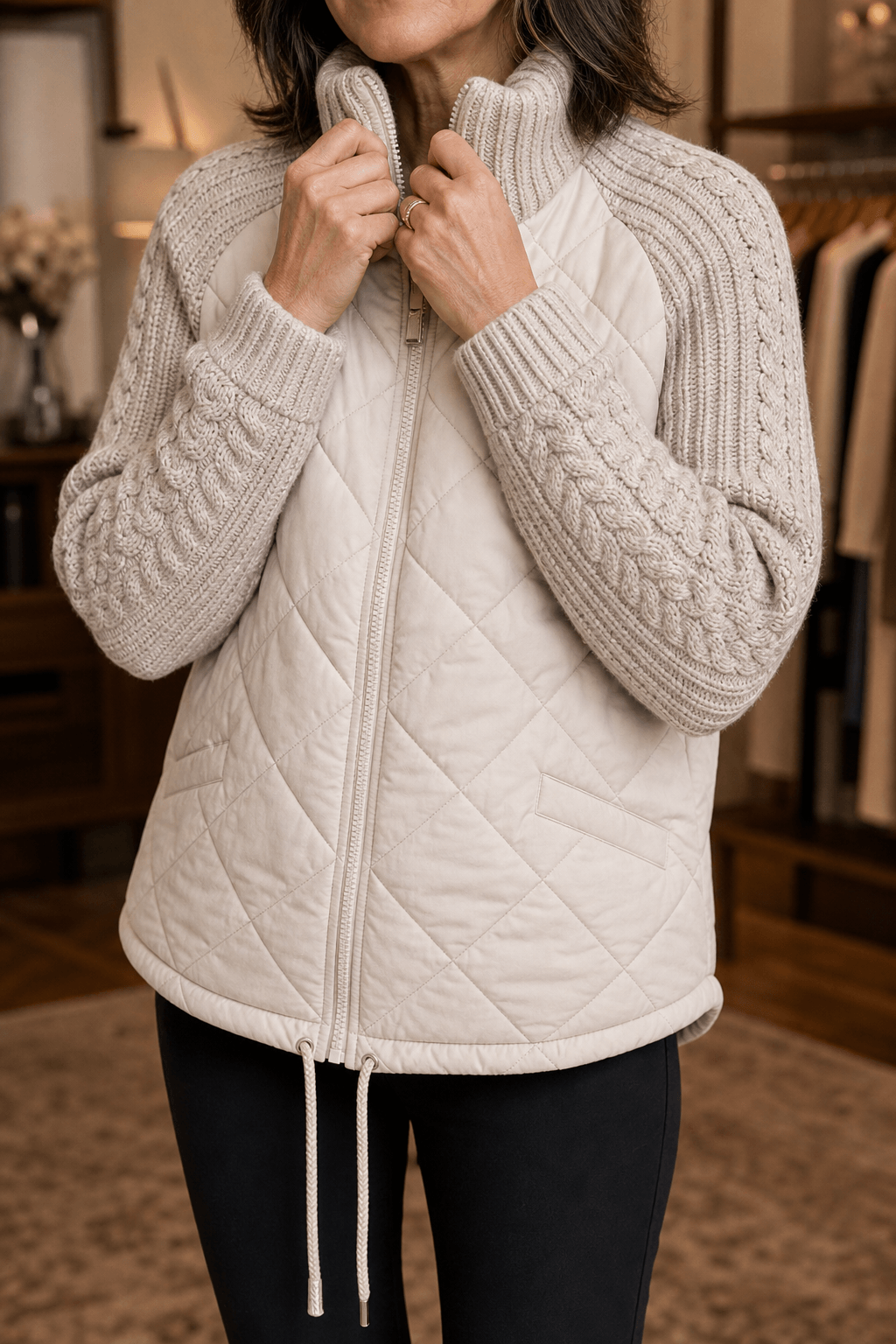 Women's Knit-Panel Quilted Puffer Jacket with Ribbed Cuffs