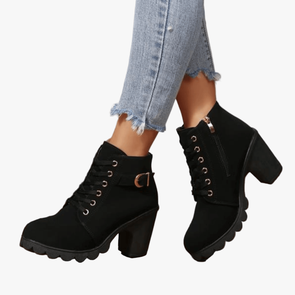 Lace-Up Ankle Black Boots with Side Zipper and Block Heel