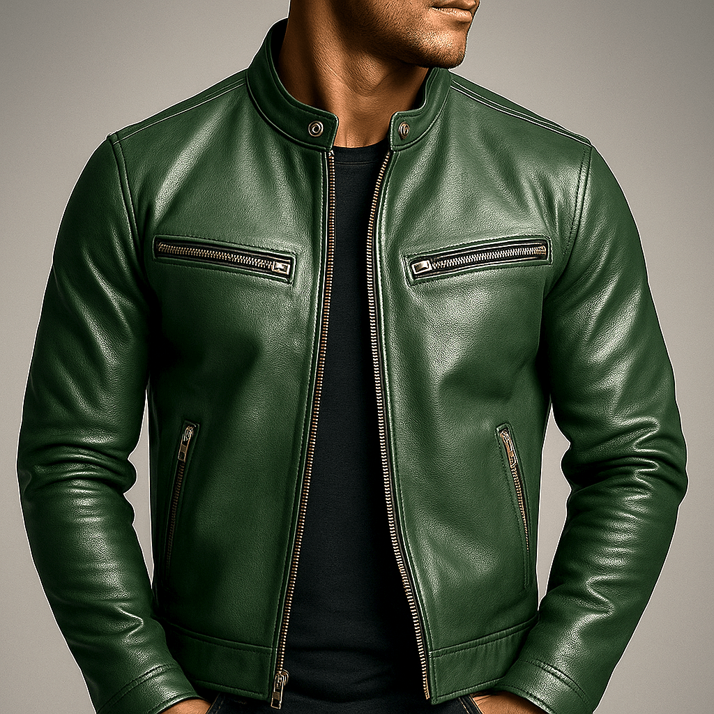 Men's Genuine Leather Moto Jacket with Zip Pockets