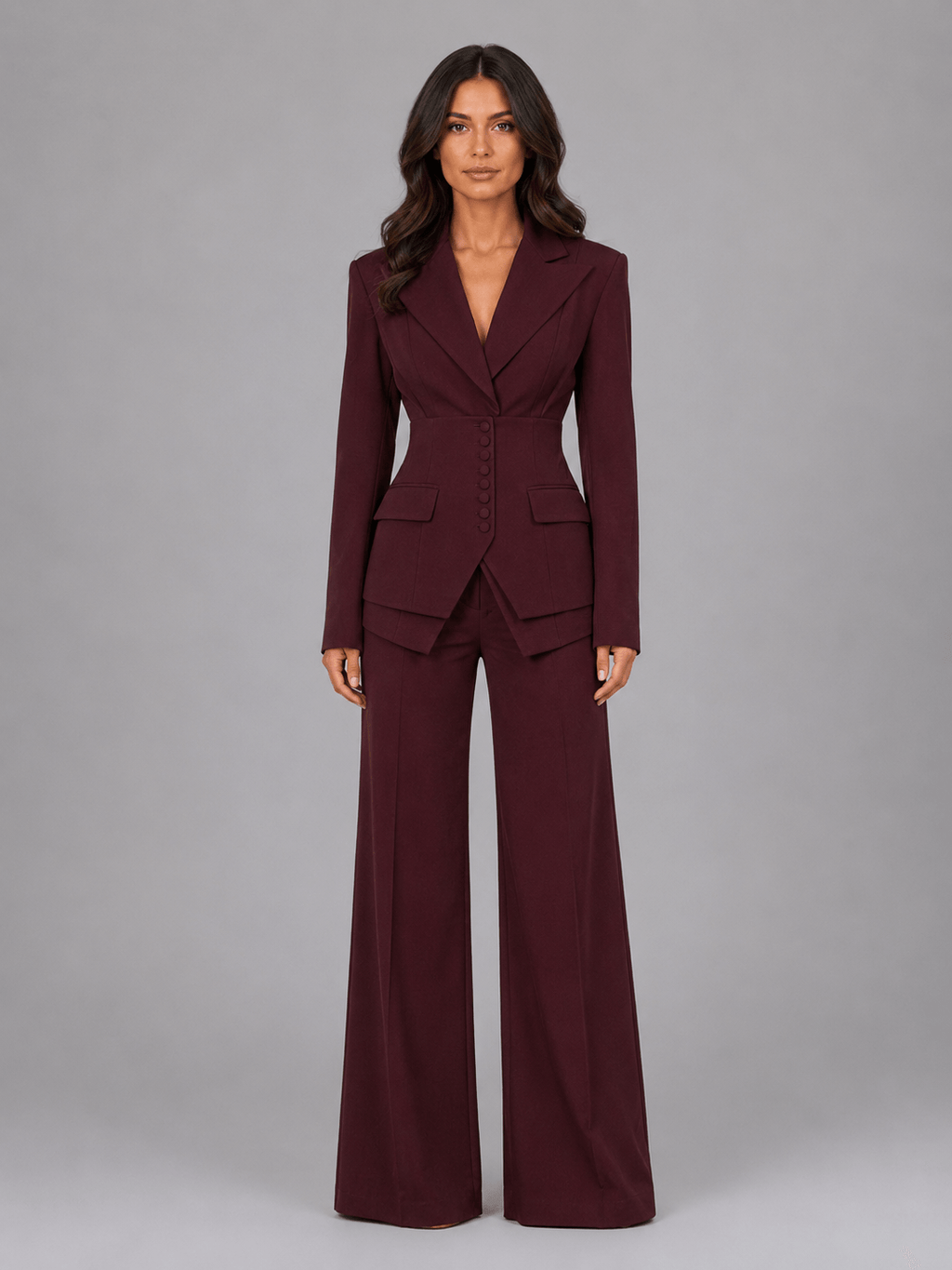 Women's Cinched-Waist Blazer and Wide-Leg Trouser Two-Piece Coordinate Set