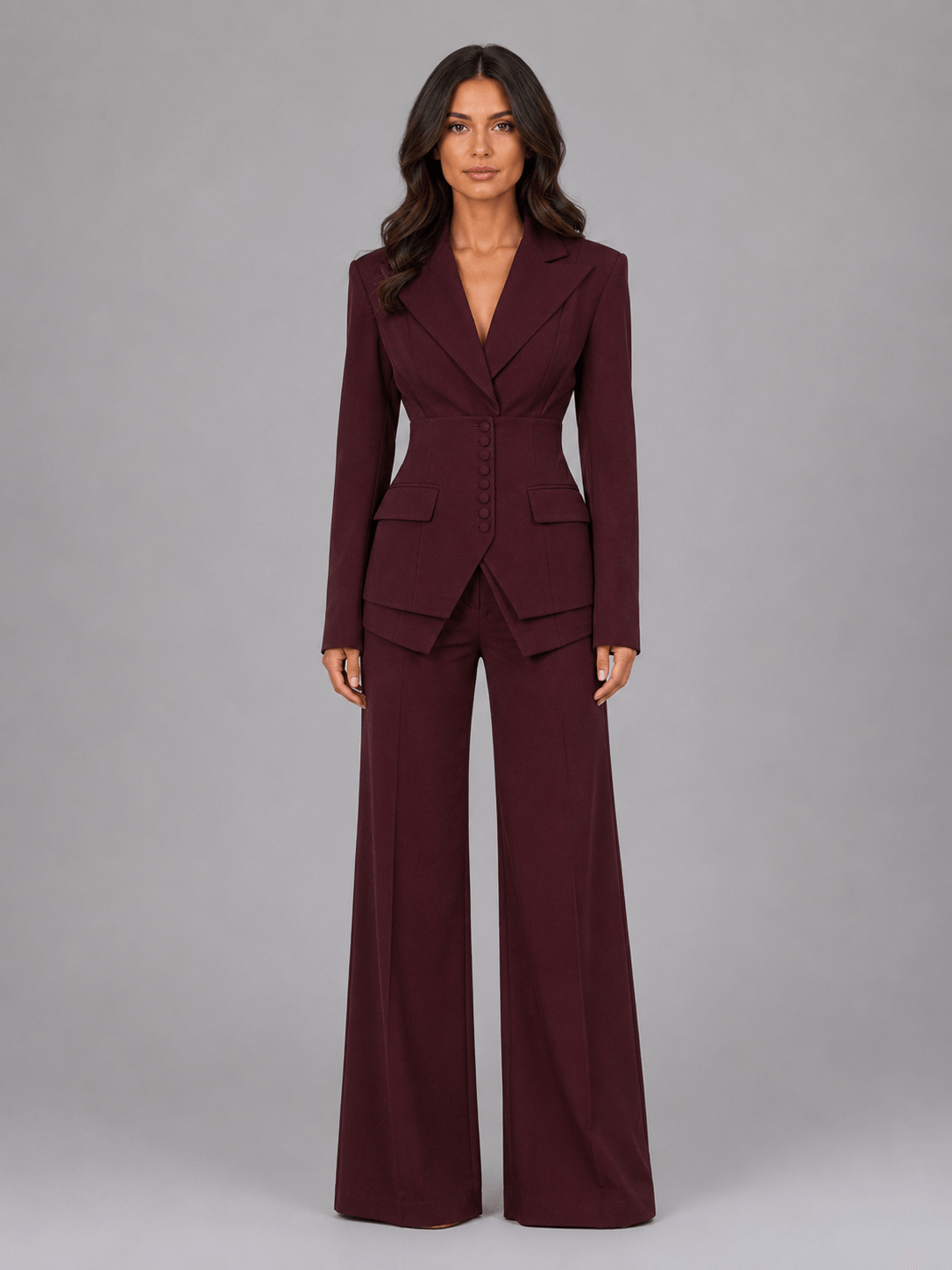 Women's Cinched-Waist Blazer and Wide-Leg Trouser Two-Piece Coordinate Set