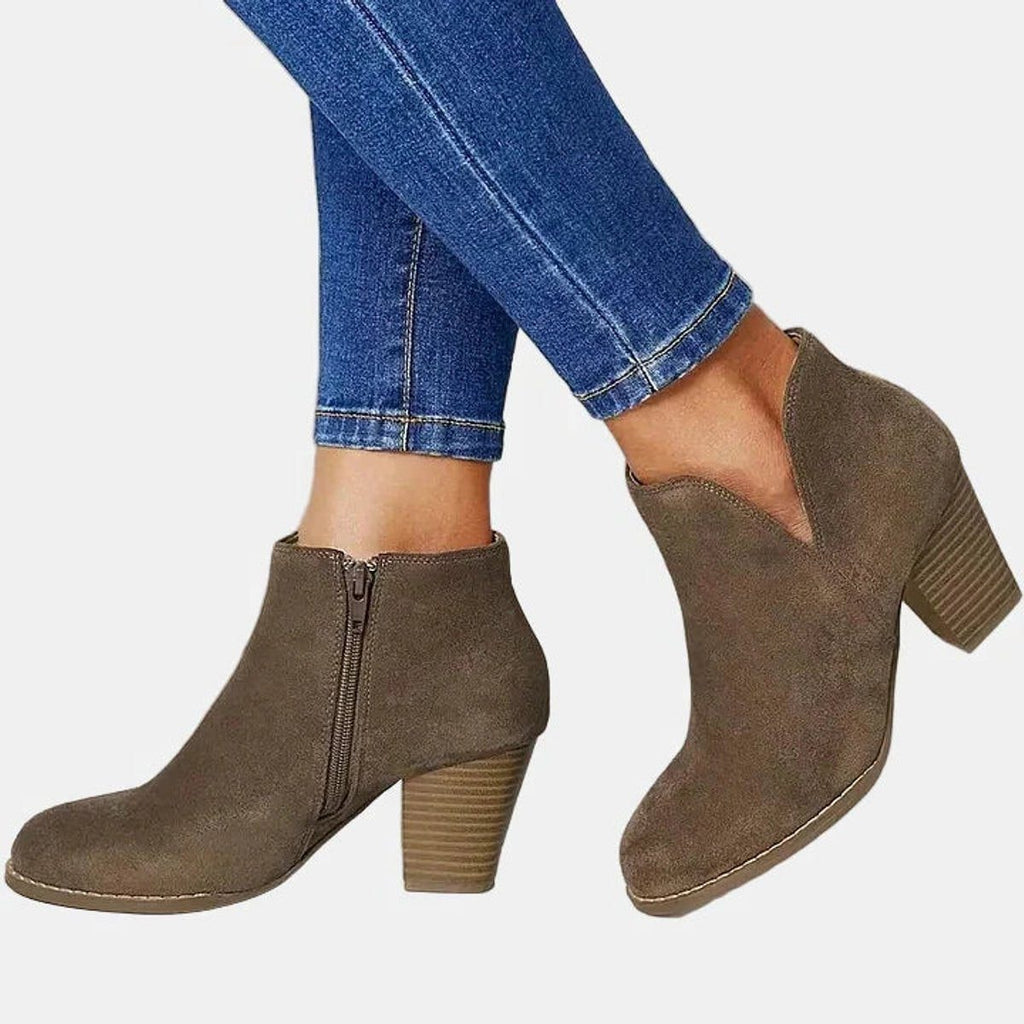 Women's Suede-Look Round-Toe Ankle Boots with Block Heel and Side Zip