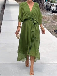 Women's Belted Chiffon Wrap Dress with V-Neck and Flowy Midi Length