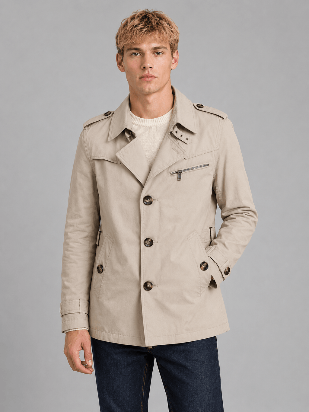 Men's Short Double-Breasted Belted Trench Coat with Epaulettes and Zip Chest Pocket