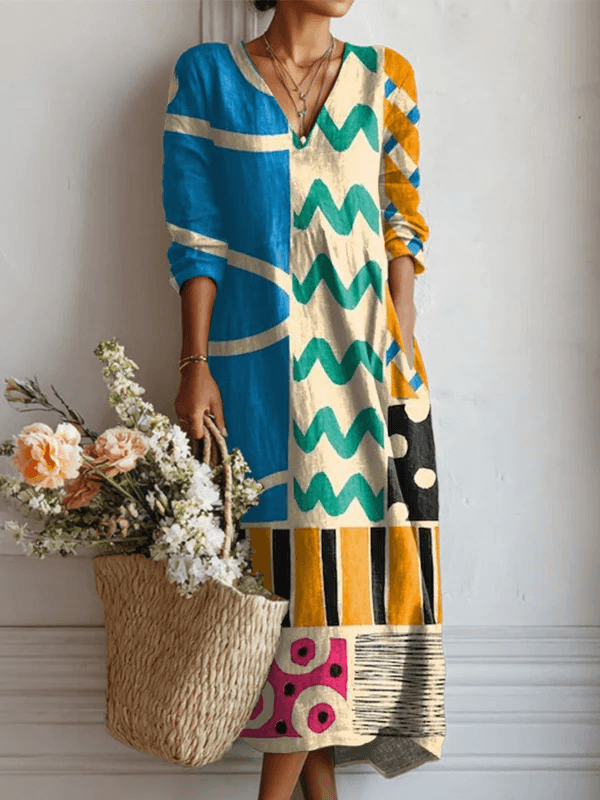 Vintage Abstract Geometry Art Print Linen Pocket Fall Dresses