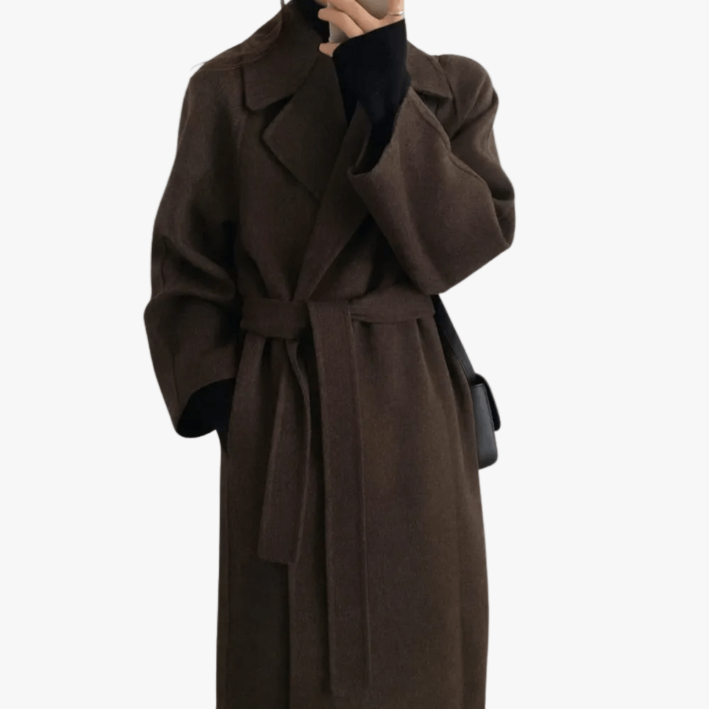 Notched Lapel Wrap Winter Coat with Belted Tie Waist in Wool Blend