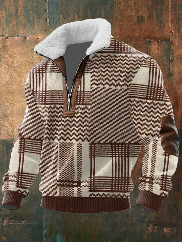Quarter-Zip Plaid Knit Sweater with Fleece Collar for Fall