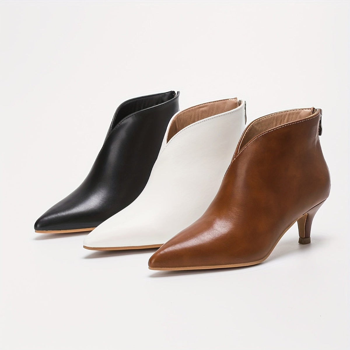 Pointed-Toe Faux Leather Women's Ankle Boots with Kitten Heel and Back Zipper