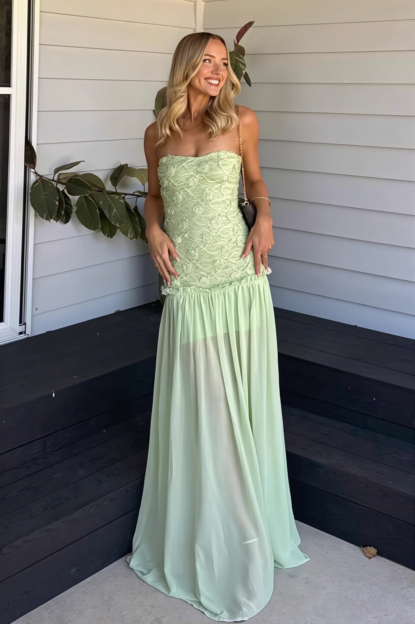 Cleo Strapless Floral Textured Bodice Chiffon Maxi Autumn Wedding Guest Dress