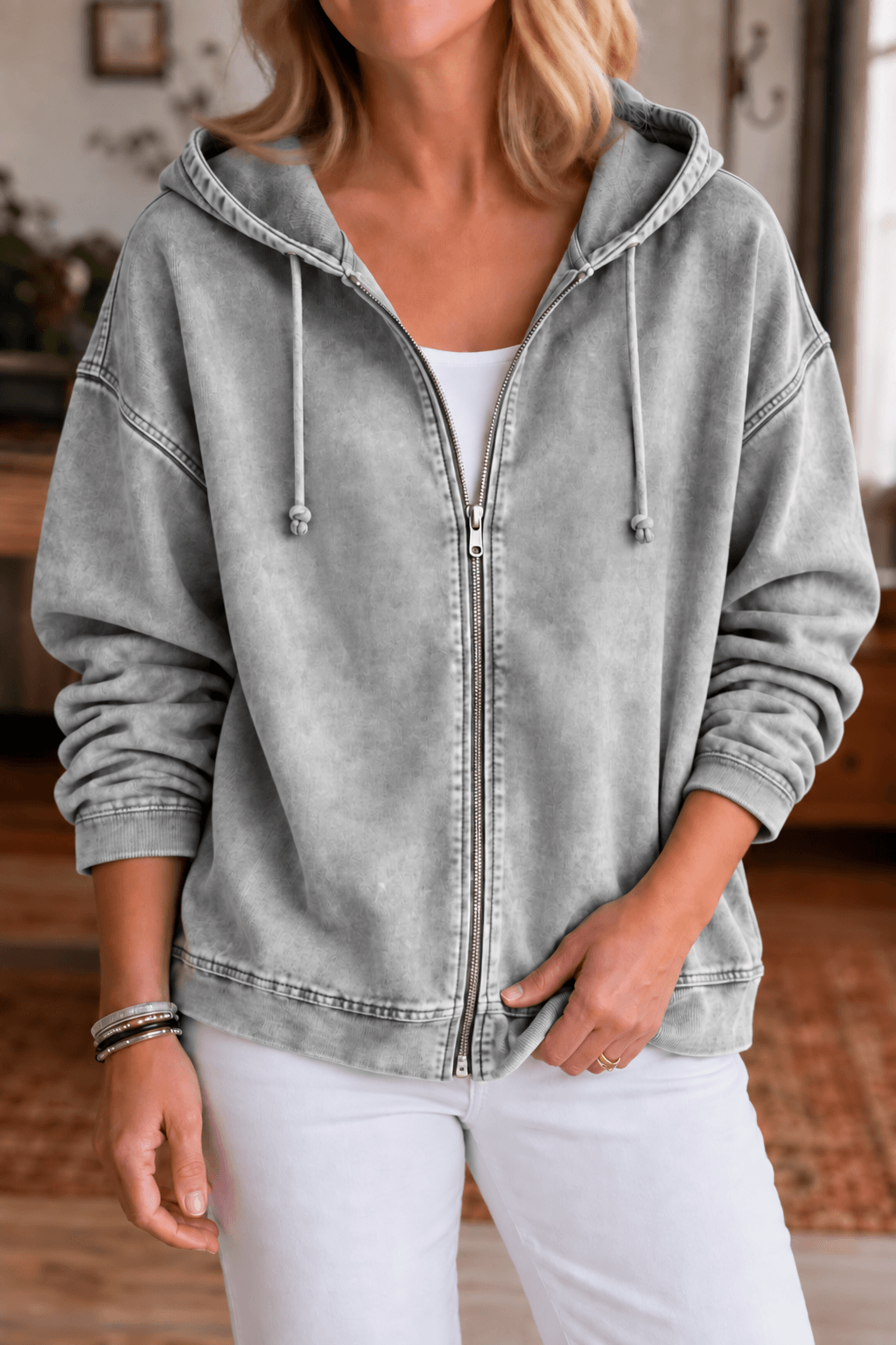 Women's Washed Relaxed Fit Zip-Up Hoodie with Drawstring Hood