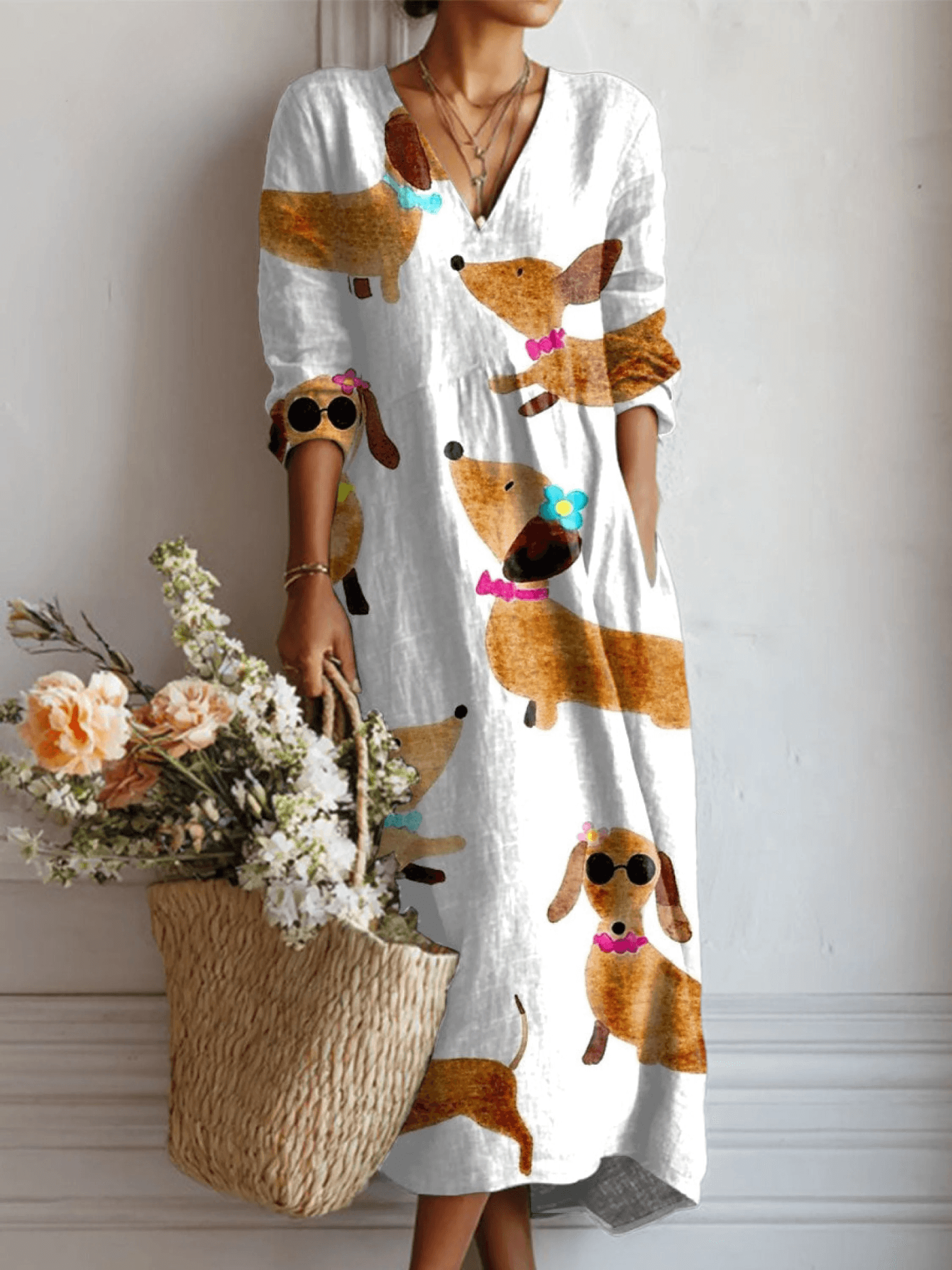 Vintage Dachshund Print Linen Pocket Maxi Dress for Fall