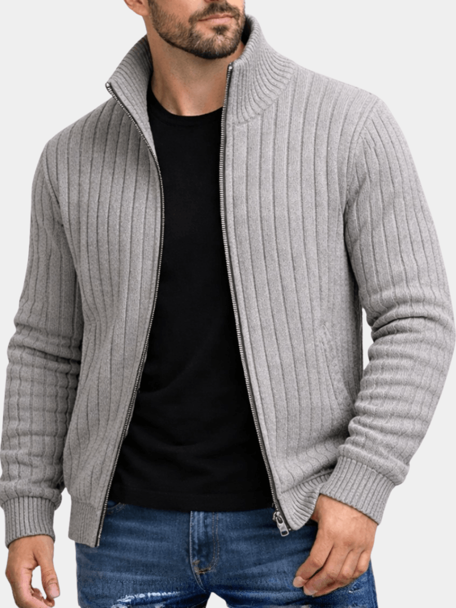 Men's Ribbed Knit Full-Zip Cardigan Sweater with Stand Collar