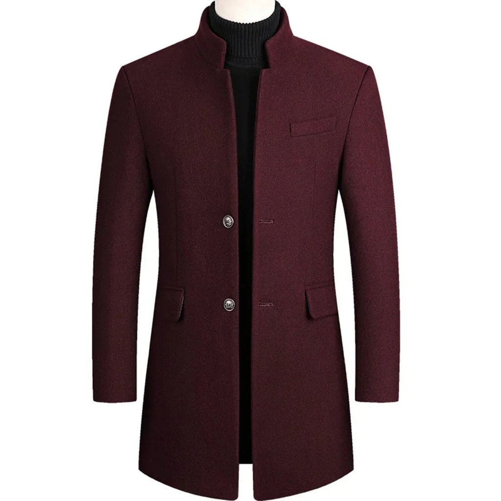 Men's Slim Longline Stand-Collar Overcoat with Flap Pockets for Winter