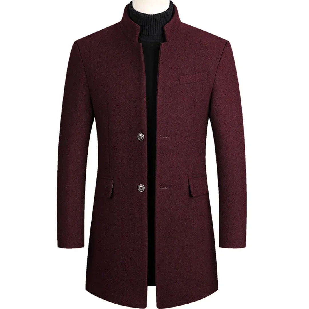 Men's Slim Longline Stand-Collar Overcoat with Flap Pockets for Winter