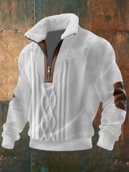 Half Zip Cable Knit Fall Sweater with Fleece Collar for Men