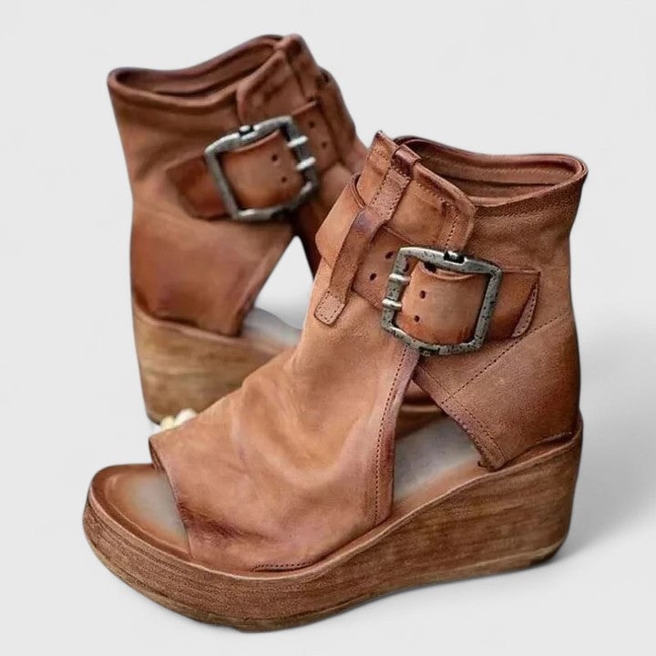 Greta Wedge Peep Toe Brown Boots with Buckle Detail
