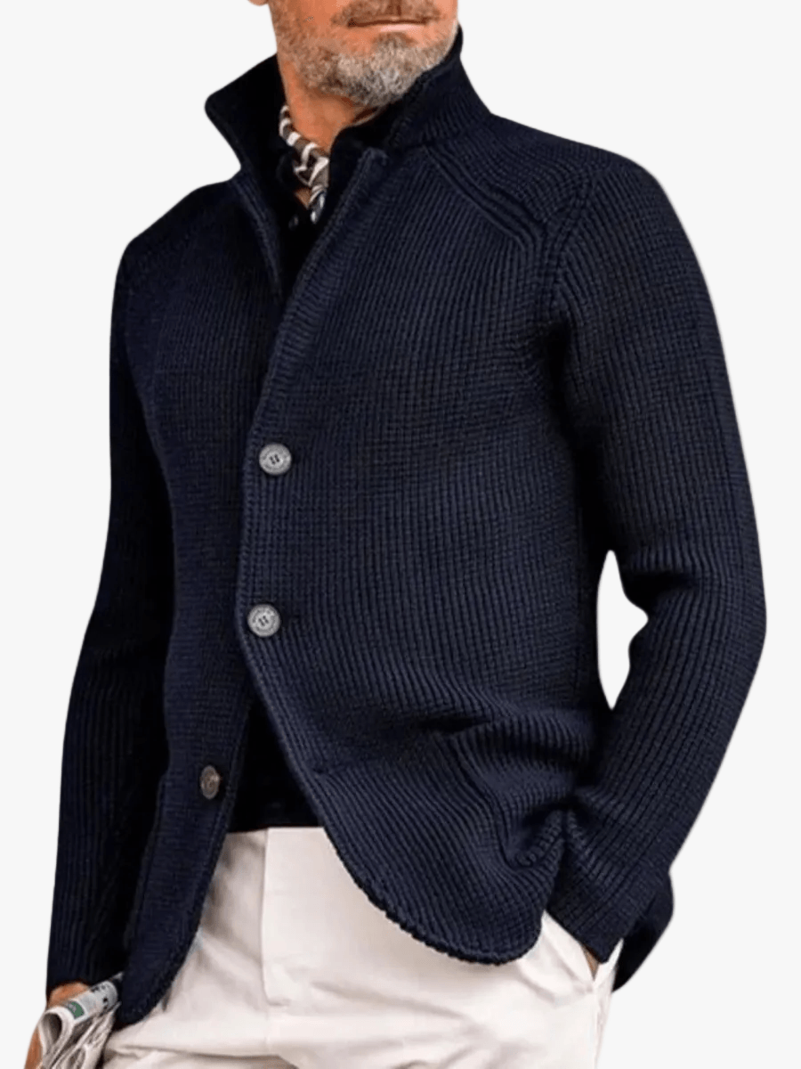 Waffle-Knit Button-Front Mens Sweaters Cardigan with Stand Collar