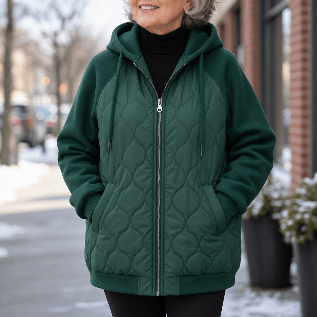 Women's Spliced-Panel Hooded Quilted Puffer Jacket with Polyester Lining