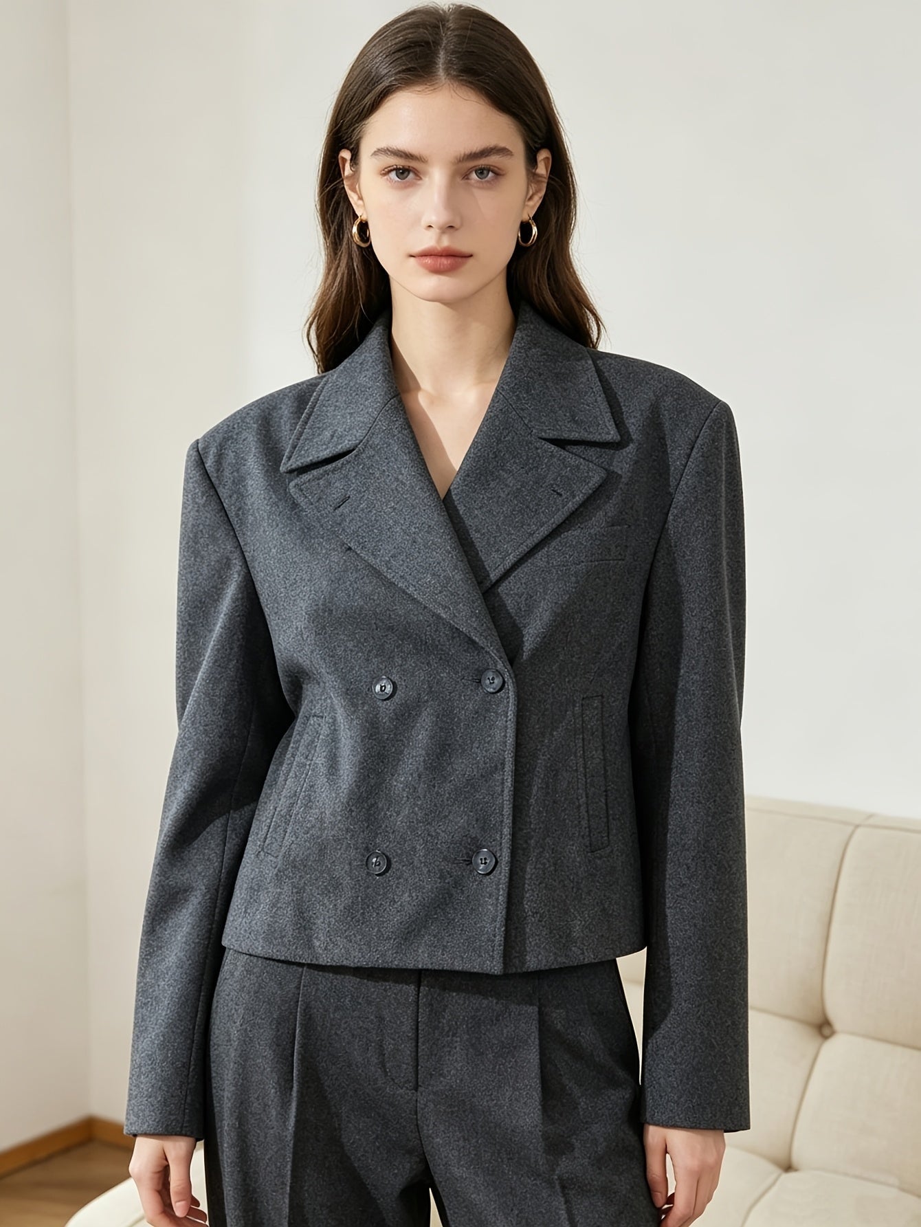 Cropped Wool Pea Coat with Notch Lapel and Double Breasted Button Front