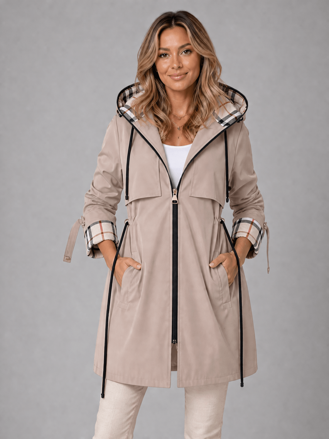 Hooded Longline Women's Rain Jacket with Adjustable Zip-Up Waist
