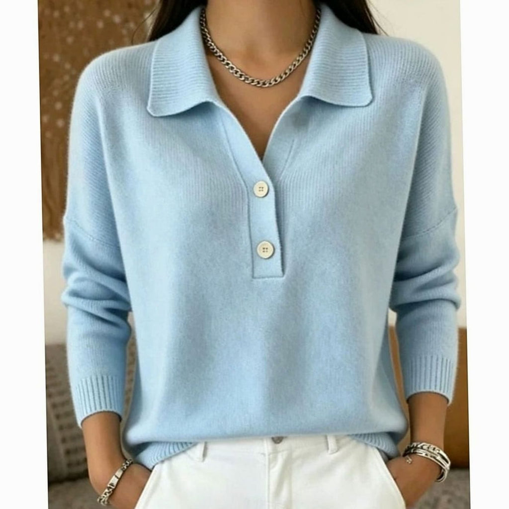 Women's Long Sleeve Collared V-Neck Knit Sweater with Two-Button Placket