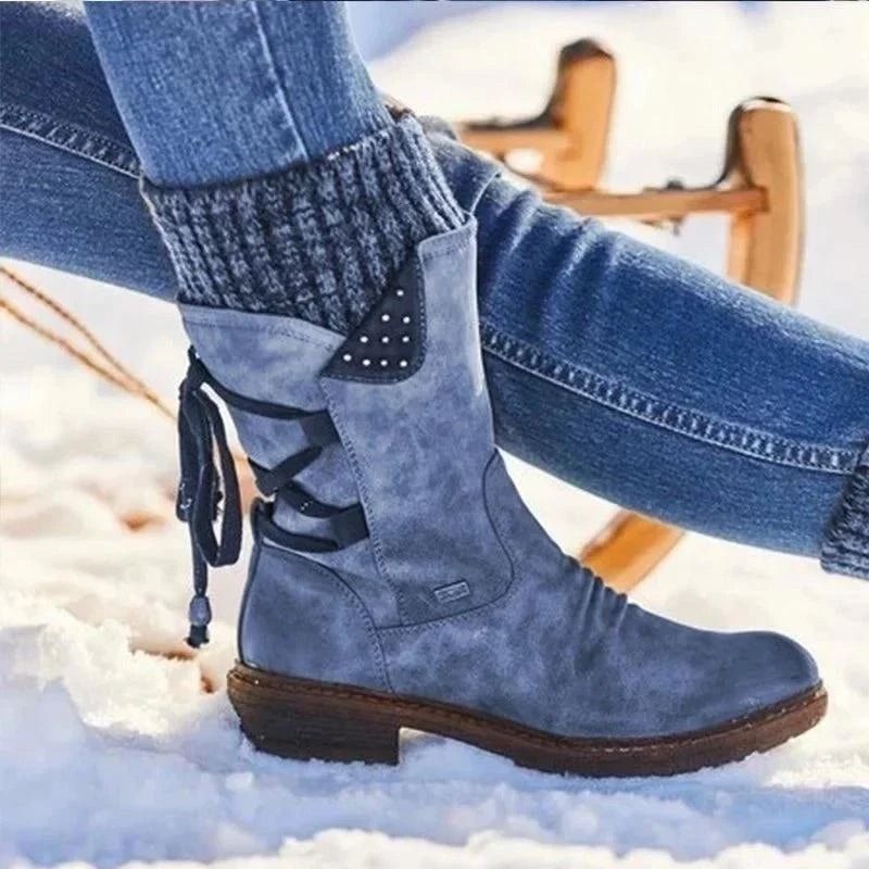 Qing Lace-Up Suede Mid-Calf Women's Boots with Knit Cuff