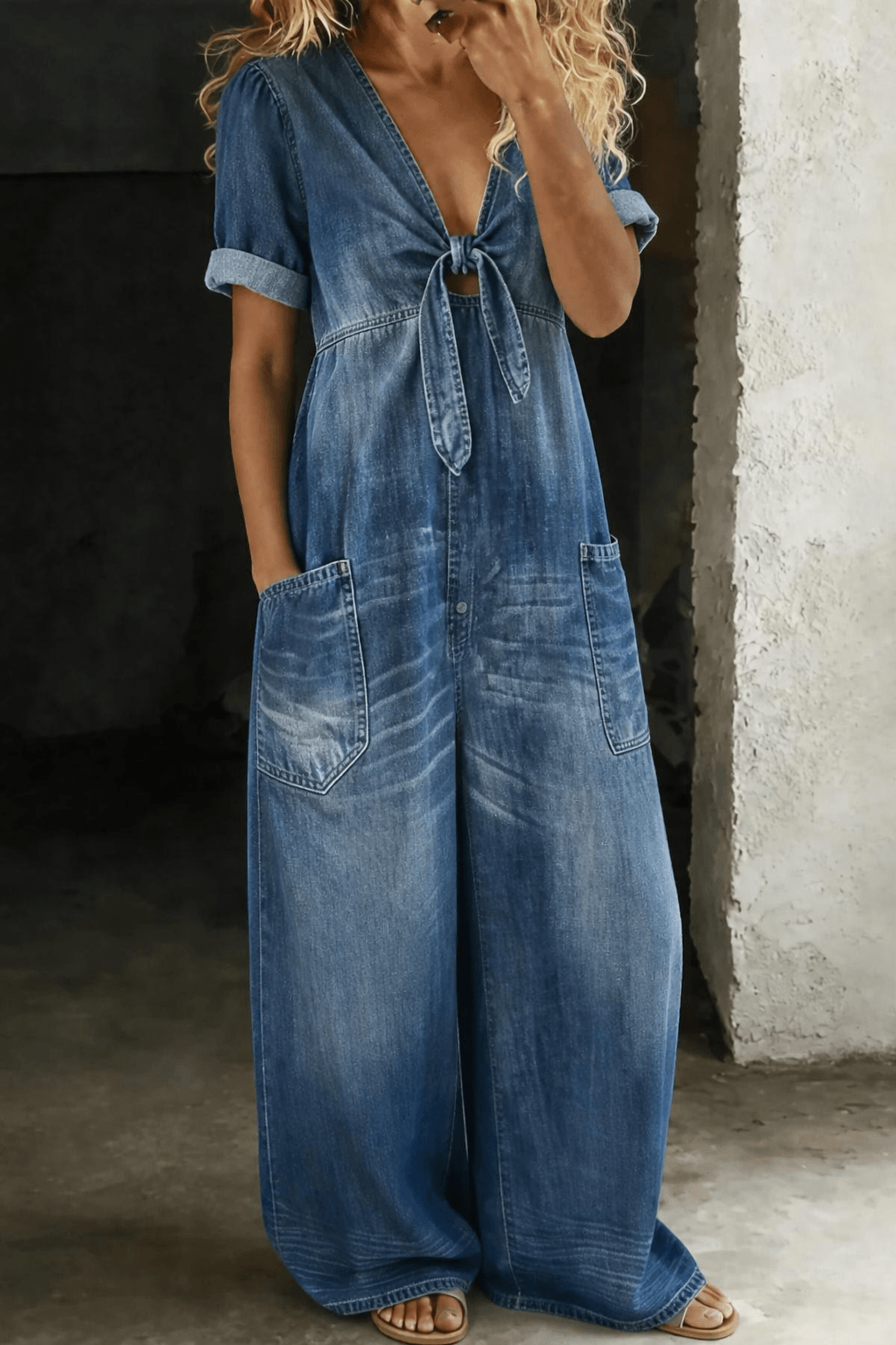 Maya Denim Tie-Front Jumpsuit with Wide Leg and Pockets