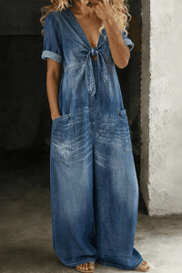 Maya Denim Tie-Front Jumpsuit with Wide Leg and Pockets