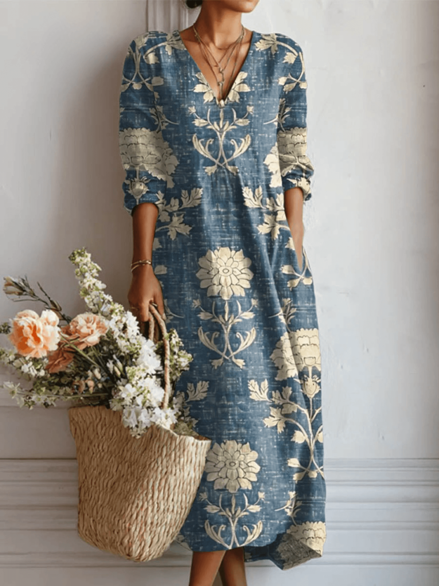 Vintage Floral Print Cotton Linen Fall Dresses with Pockets