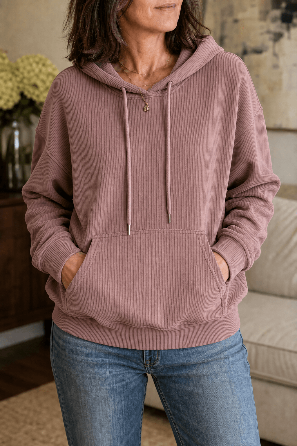 Women's Ribbed Corduroy-Look Pullover Hoodie with Front Pocket