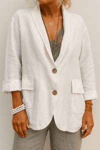 Women's Relaxed Linen Blazer with Button Detail for Fall Layering