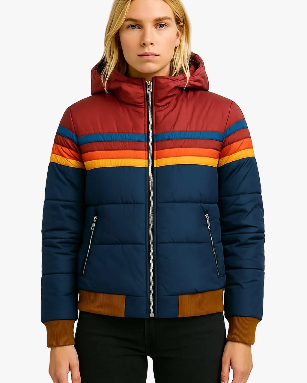 Hooded Quilted Puffer Jacket with Striped Chest Bands in Polyester