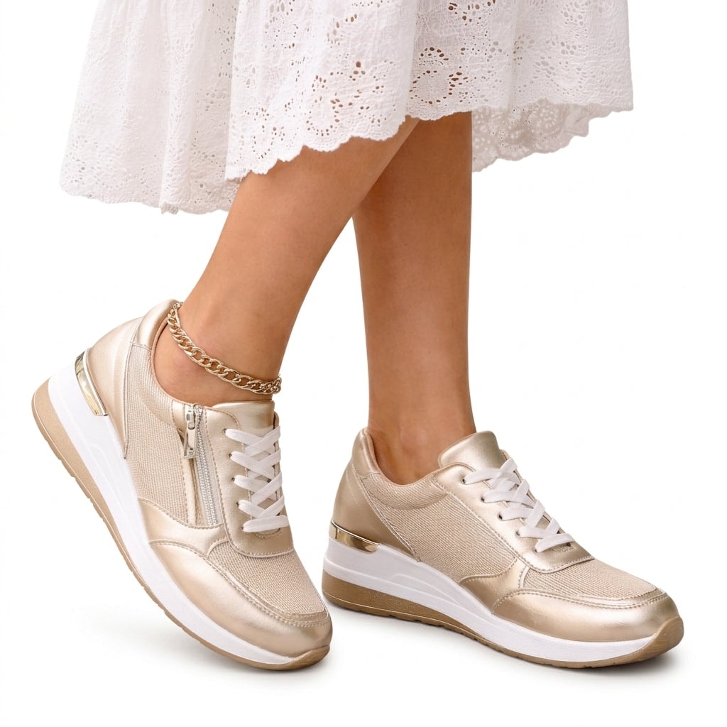 Chloe Women's Leather Platform Lace-Up Sneakers with Cushioned Sole