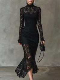 Women's Black Lace Long-Sleeve Maxi Dress with High Neck and Handkerchief Hem