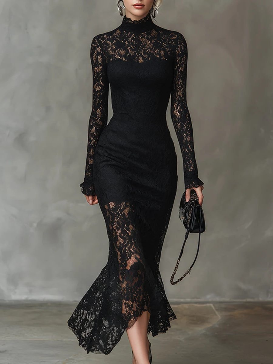 Women's Black Lace Long-Sleeve Maxi Dress with High Neck and Handkerchief Hem