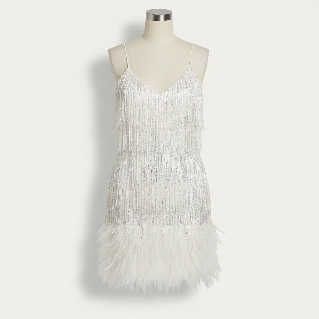 Sequin Fringe Feather Hem Fall Dresses for Women Wedding Guest Cocktail Events