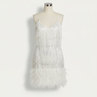 Women's Sequin Cocktail Dress with Fringe and Feather Hem for Fall