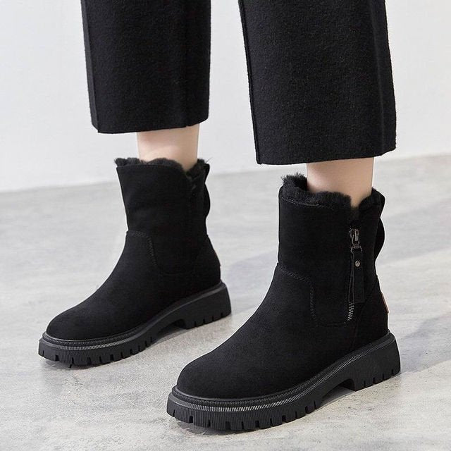 Fur-Lined Suede Winter Ankle Boots with Zipper Detail for Women