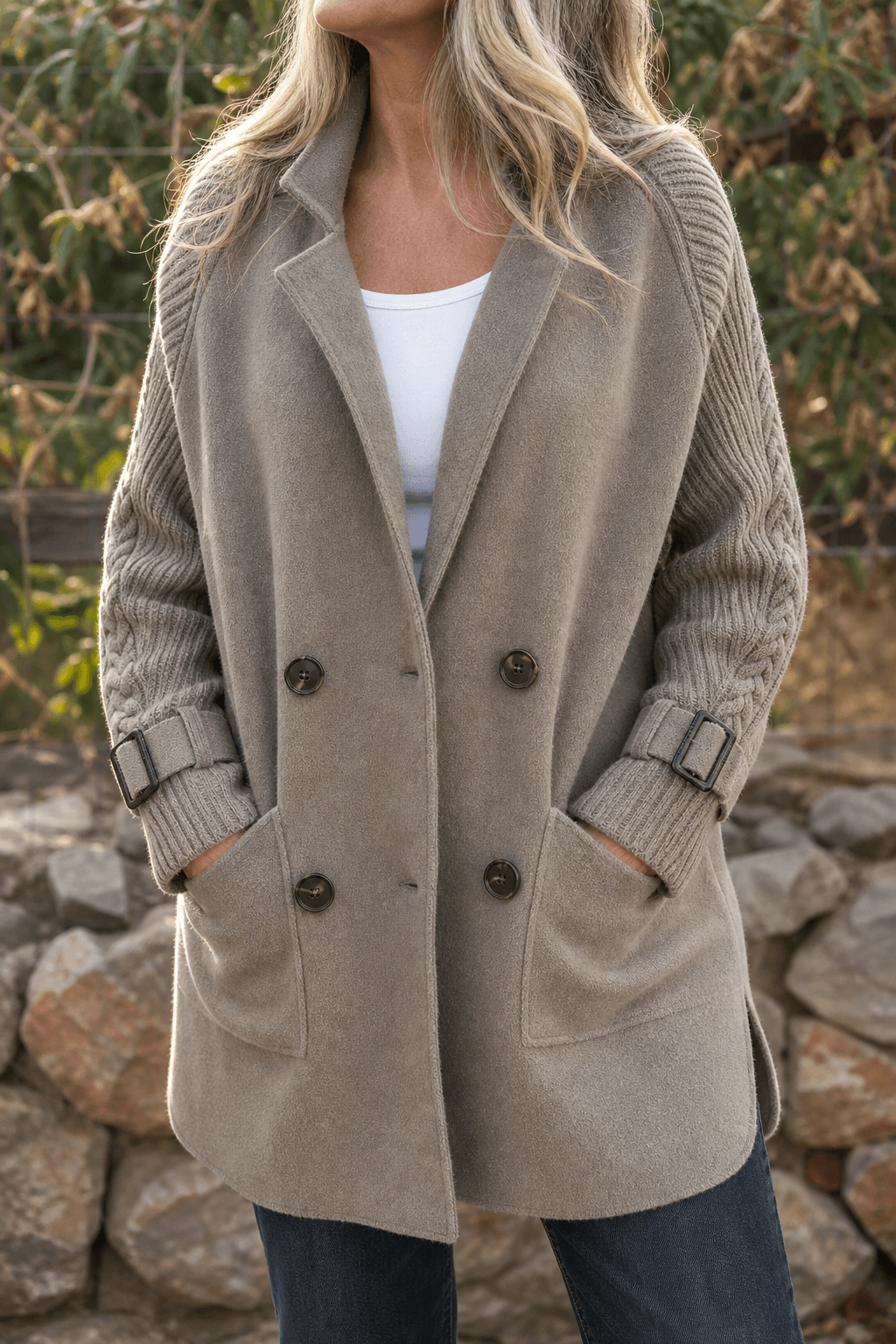 Isola Cable-Knit Sleeve Double-Breasted Longline Winter Coat for Women