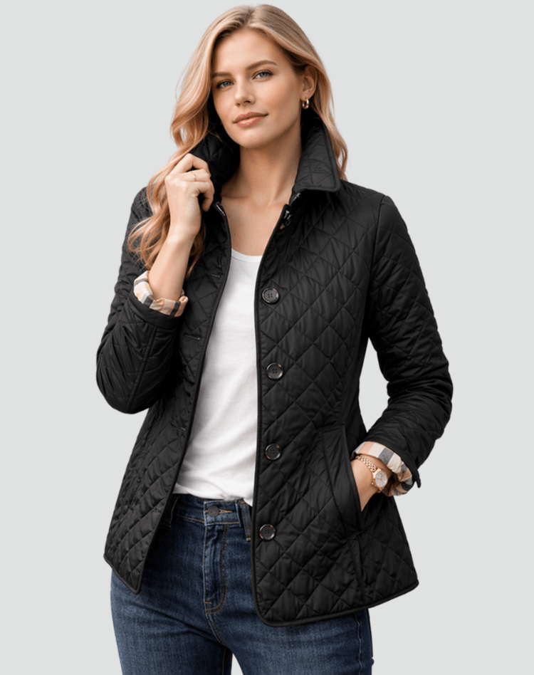 Quilted Puffer Jacket with Button Front and Collared Neckline