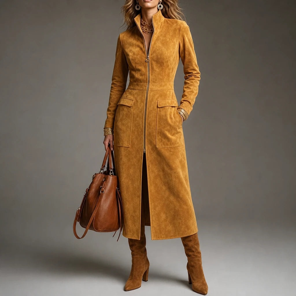 Women's Fitted Long Faux Suede Coat with Stand Collar and Full-Length Zip