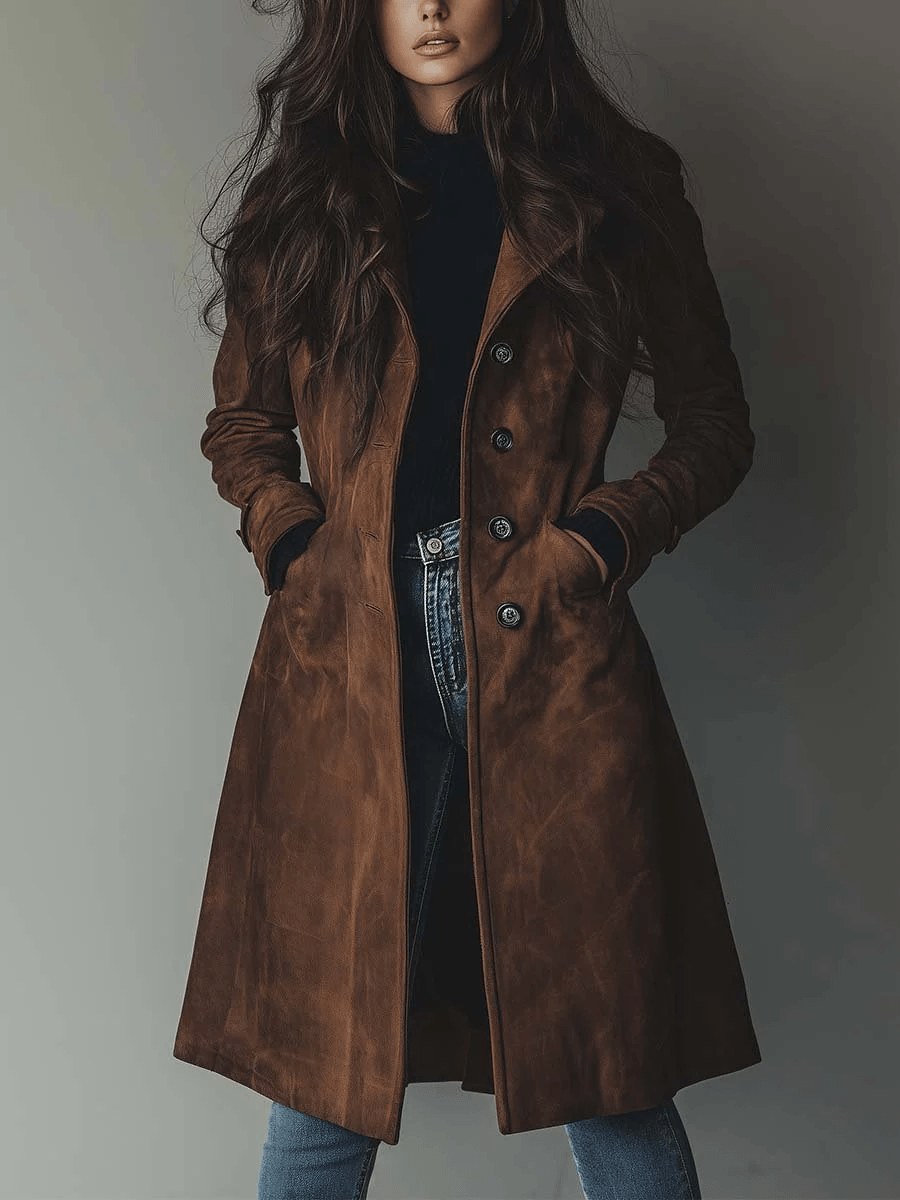 Longline Faux Suede Button-Front Trench Coat with Lapel Collar