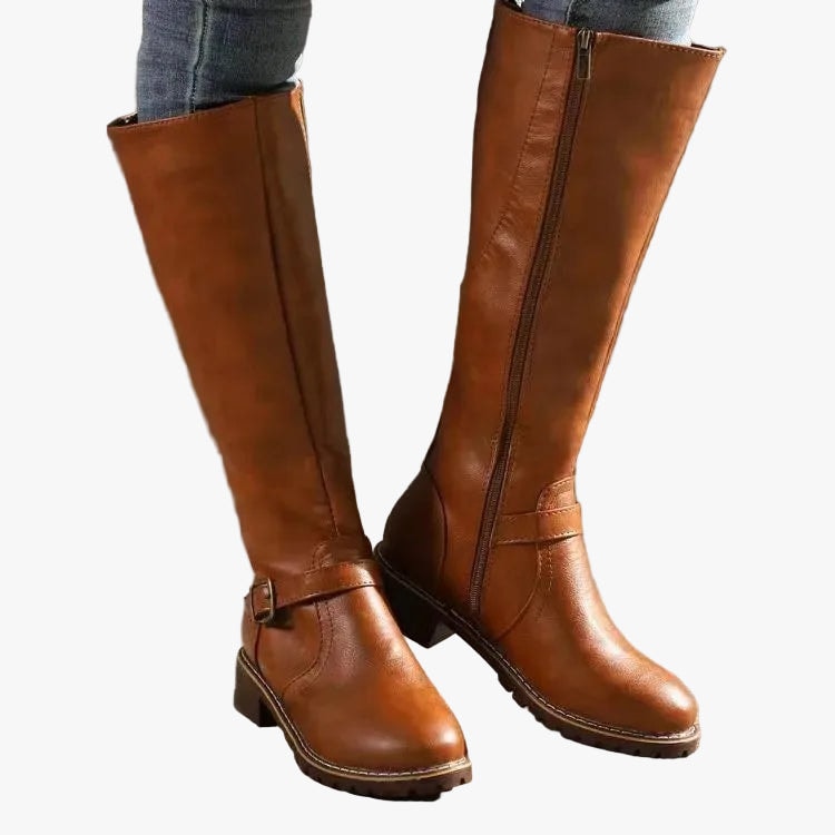 Knee High Riding Fall Boots with Side Zipper and Buckle Strap