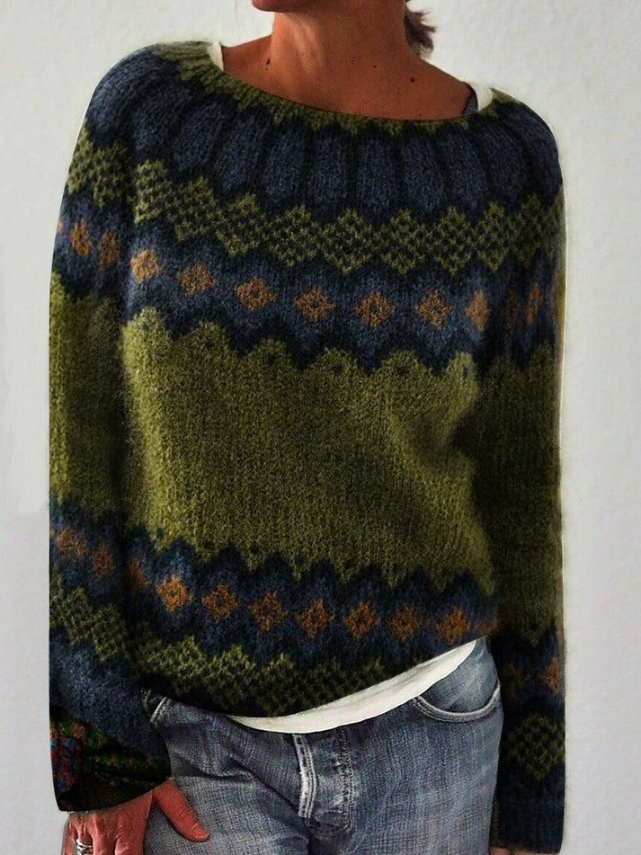 Victoria Fair Isle Crew Neck Women's Knitted Sweater with Geometric Pattern